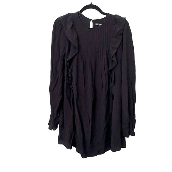 ZARA Ruffled Long‎ Sleeve Mini Dress Black XS - Picture 1 of 5